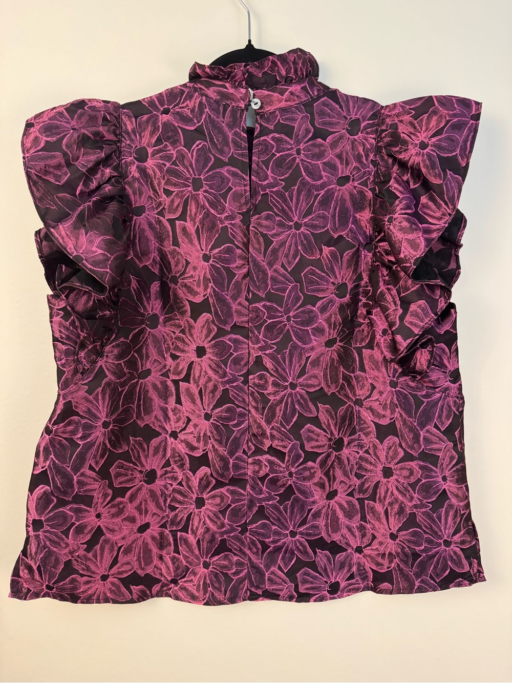 Entro Floral Jacquard Ruffle Sleeve Blouse L Magenta Black - Picture 8 of 13